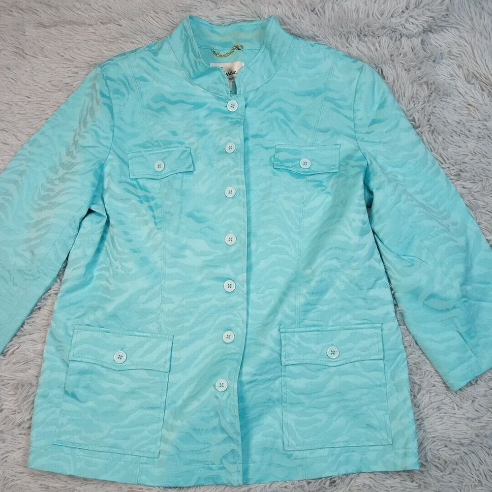 Linea By Louis Dell'Olio Jacket Womens L Blue Animal Print Pockets Button Up